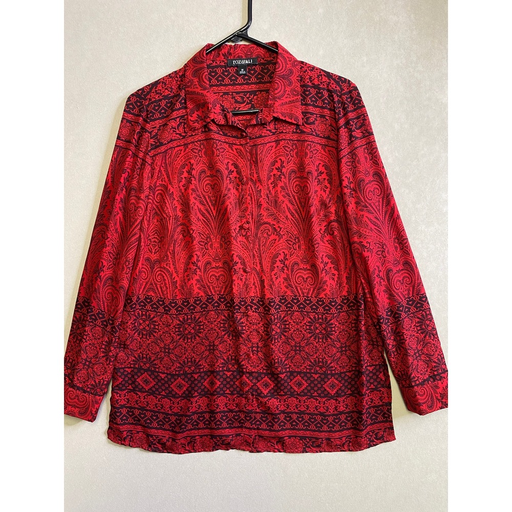 Roz & Ali Red Black Paisley Border Print Button Up Blouse Womens Medium
